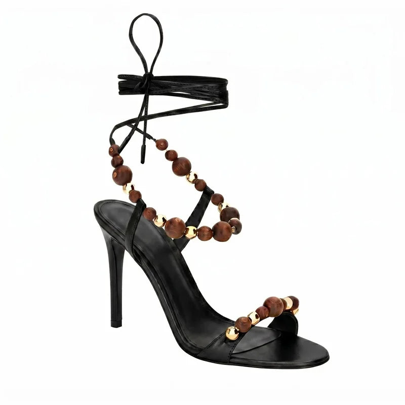 Bohemian Beaded  Ankle Wrap Stiletto Sandals Leather Open-Toe Lace-Up High Heels