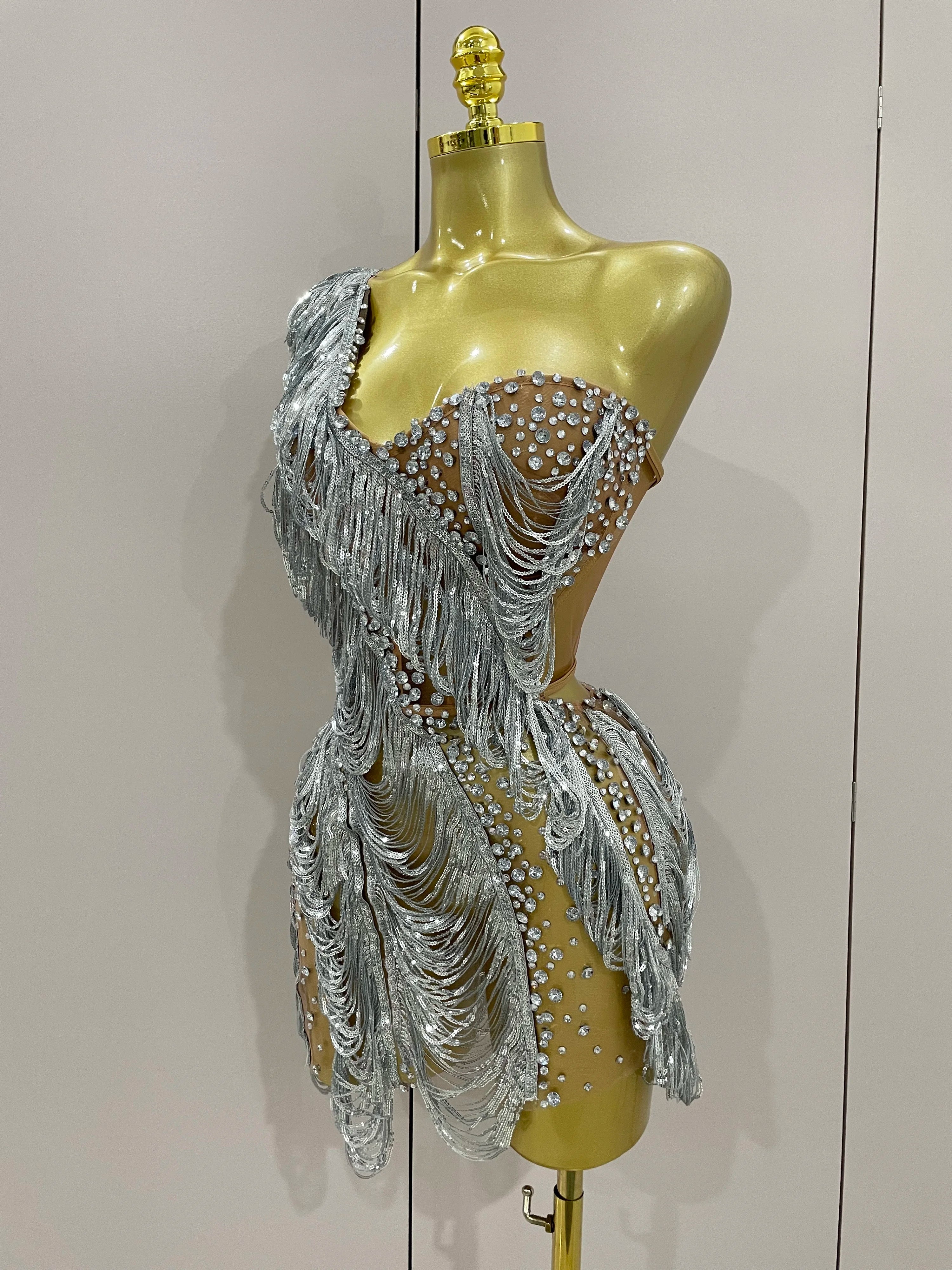 Carrie Sparkly Rhinestone Sequins Tassel Mesh One Shoulder Short Dress