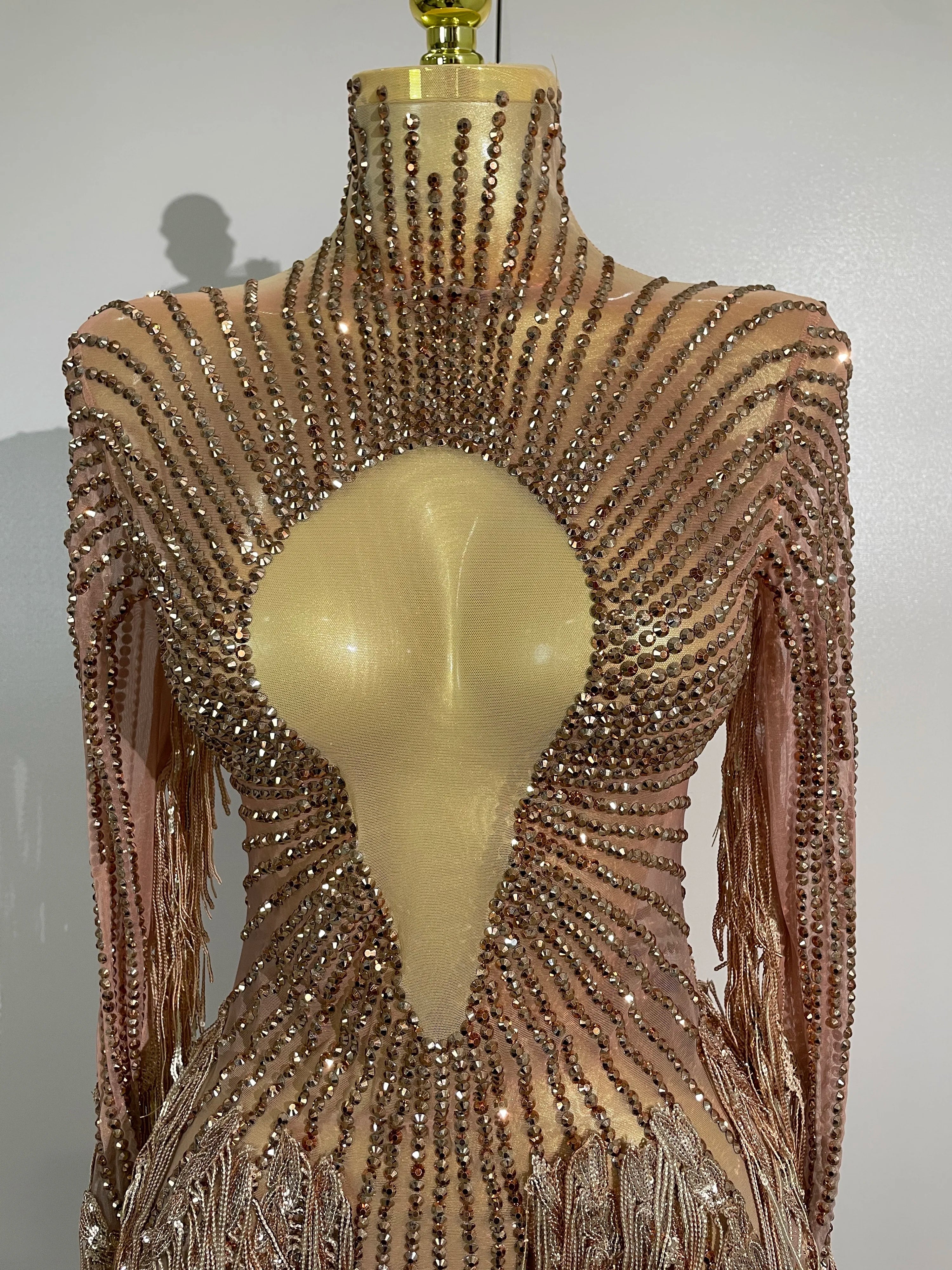Aimee Sexy Sheer Mesh Long Sleeve Sparkly Rhinestone Sequin Tassel Dress