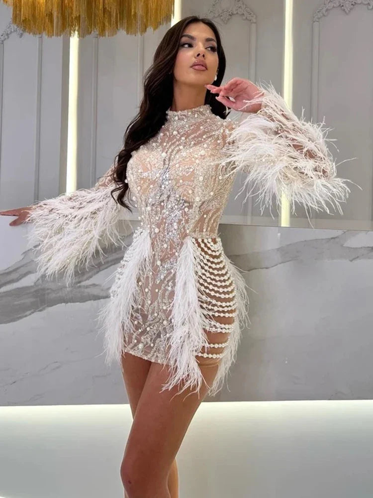 Anaya – Feather Sequin Long Sleeve Prom Mini Dress
