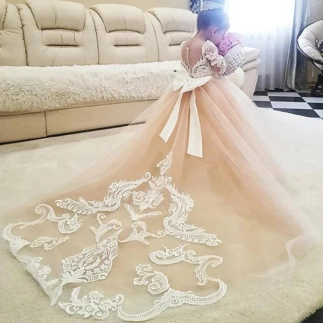 Champagne Lace Flower Girl Dress with Detachable Train
