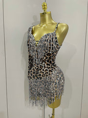 Daniela One-Shoulder Leopard Print Rhinestone Tassel Mini Dress