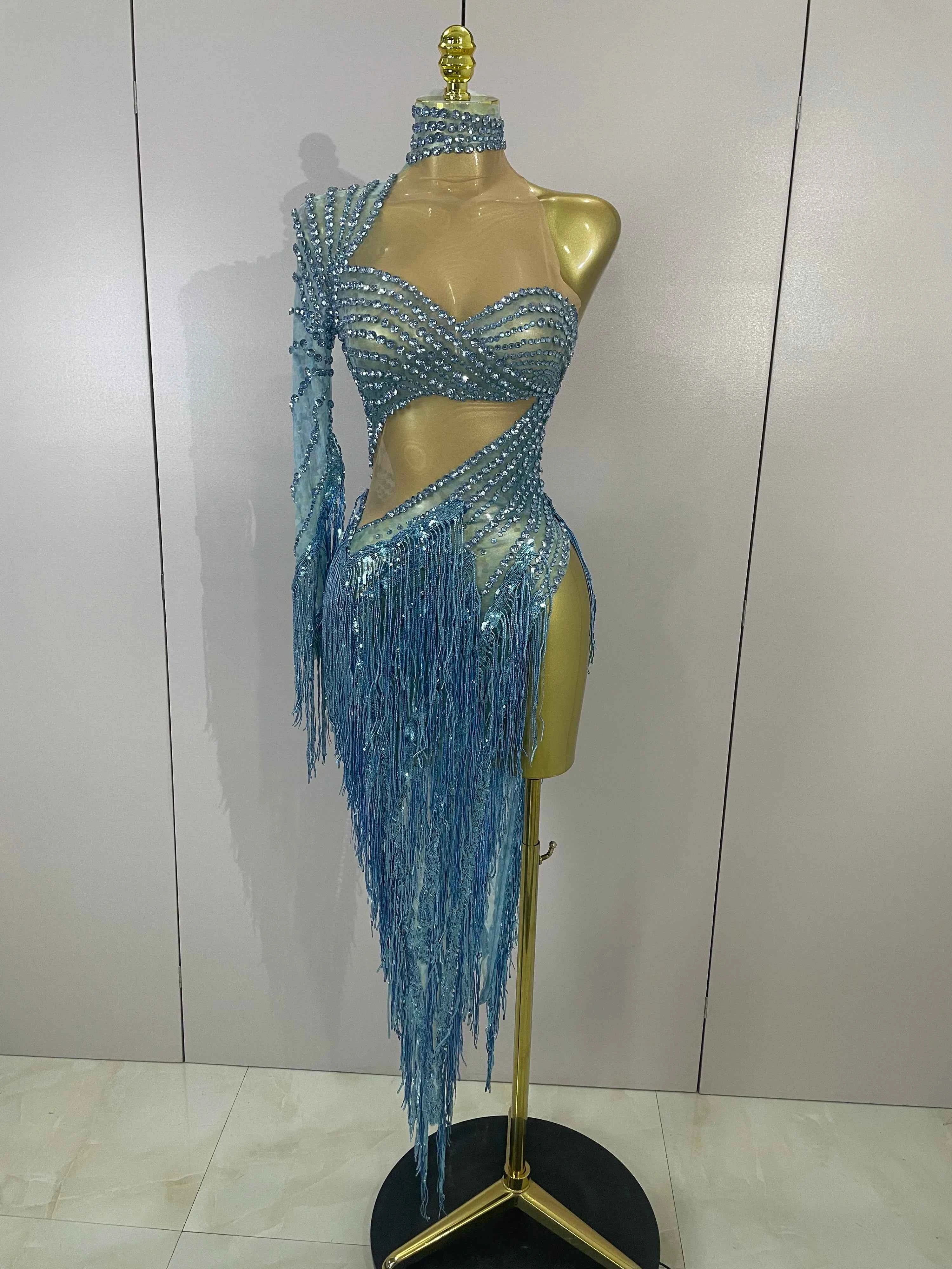 Ailanny  Sparkly Diamond Blue Rhinestone Mesh One Shoulder Tassel Dress