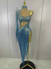 Ailanny  Sparkly Diamond Blue Rhinestone Mesh One Shoulder Tassel Dress