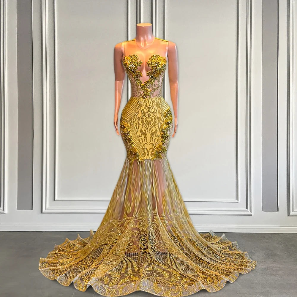 Crystal Bodice Lace Luxury Gold Black Girls Prom Dress Long Mermaid