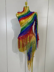 Caitlin Colorful Sparkly Rhinestones One Shoulder Tassel Sexy See-Through Dress