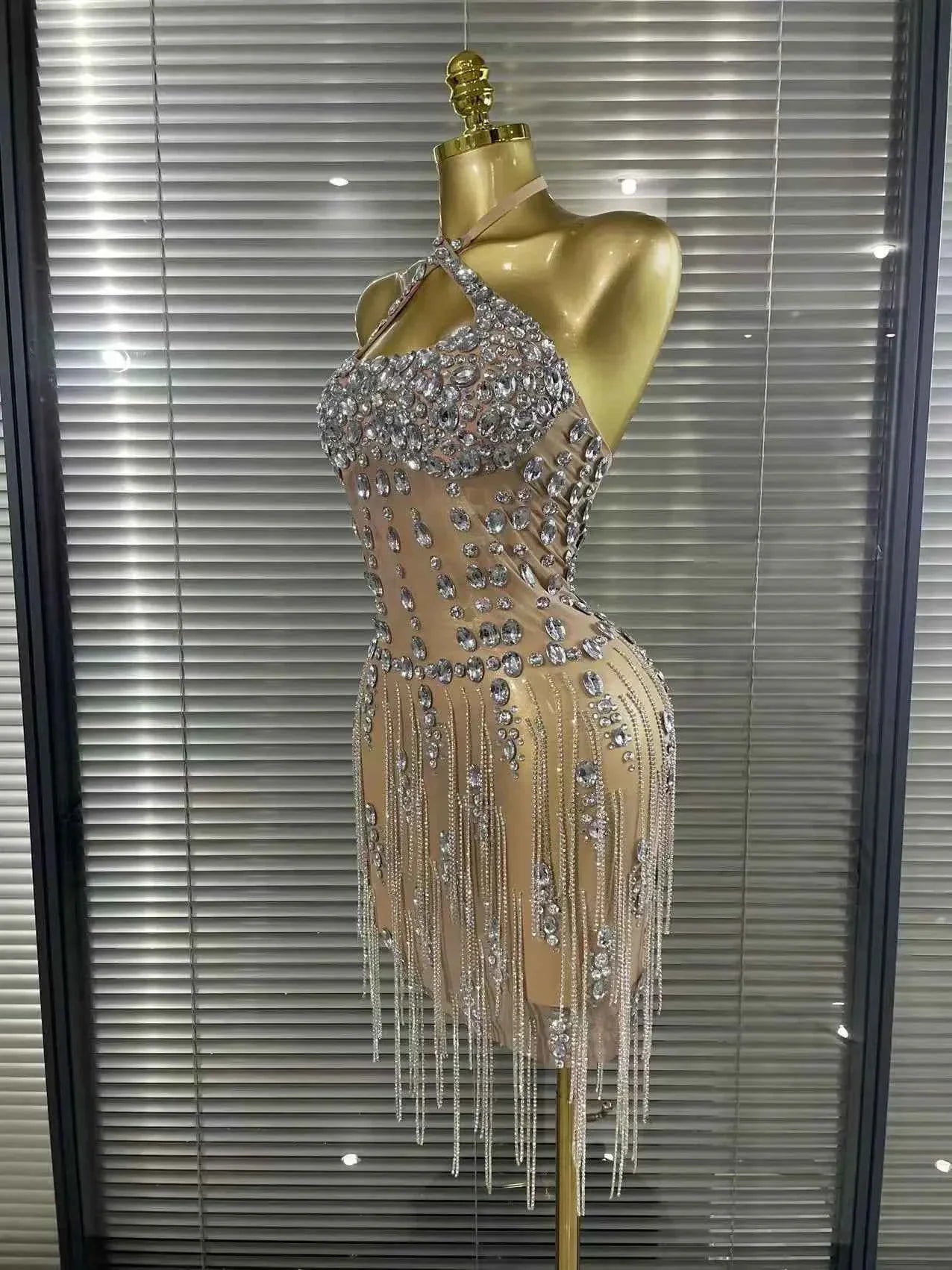 Carmen Crystal Diamond Halter Mesh Evening Gown