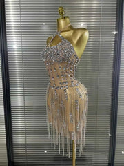 Carmen Crystal Diamond Halter Mesh Evening Gown