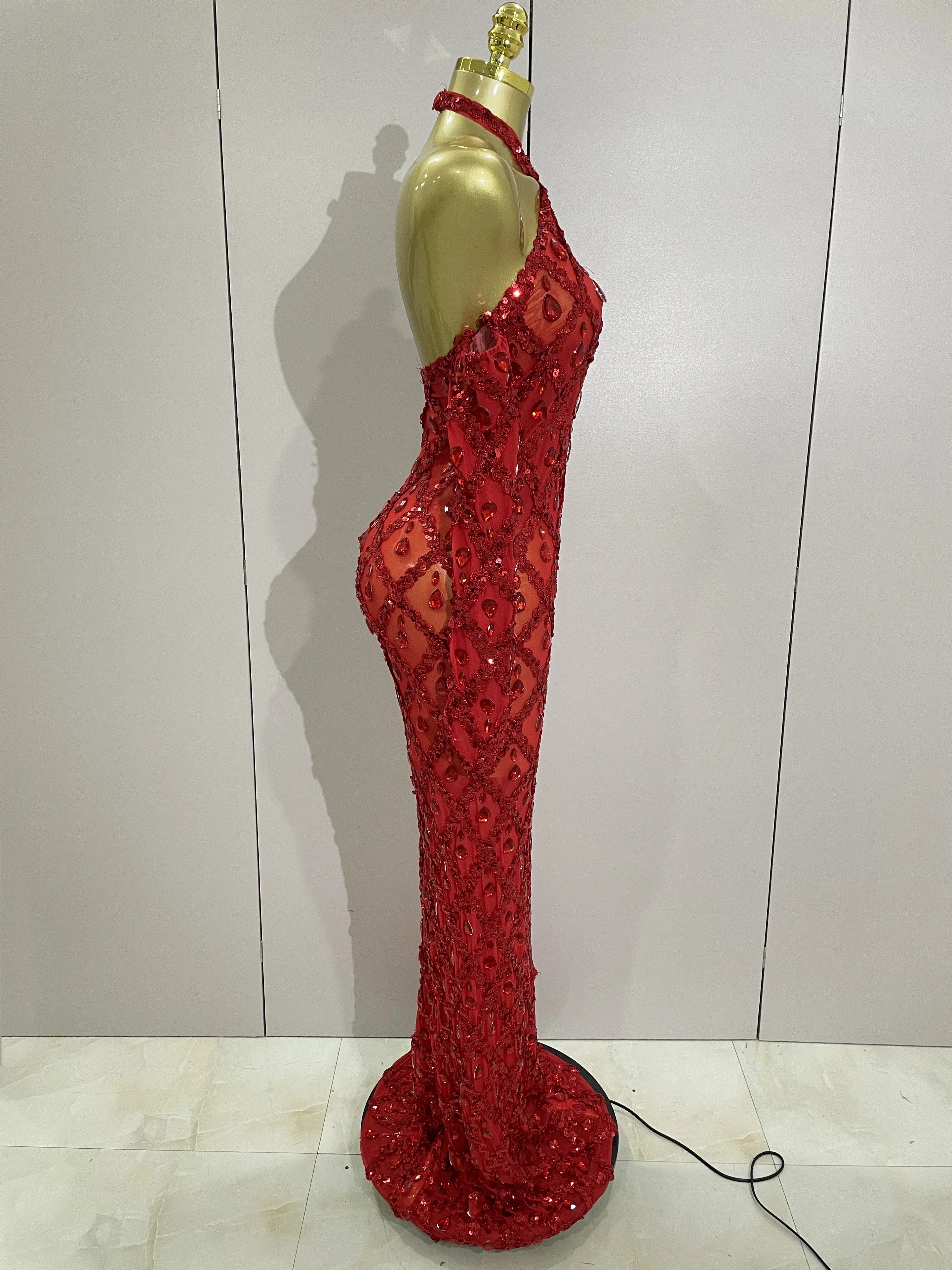 Avery Sparkly Rhinestones Halter Mesh Long Dress With Gloves