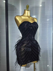 Amara Sequin Feather Strapless Bodycon Mini Dress