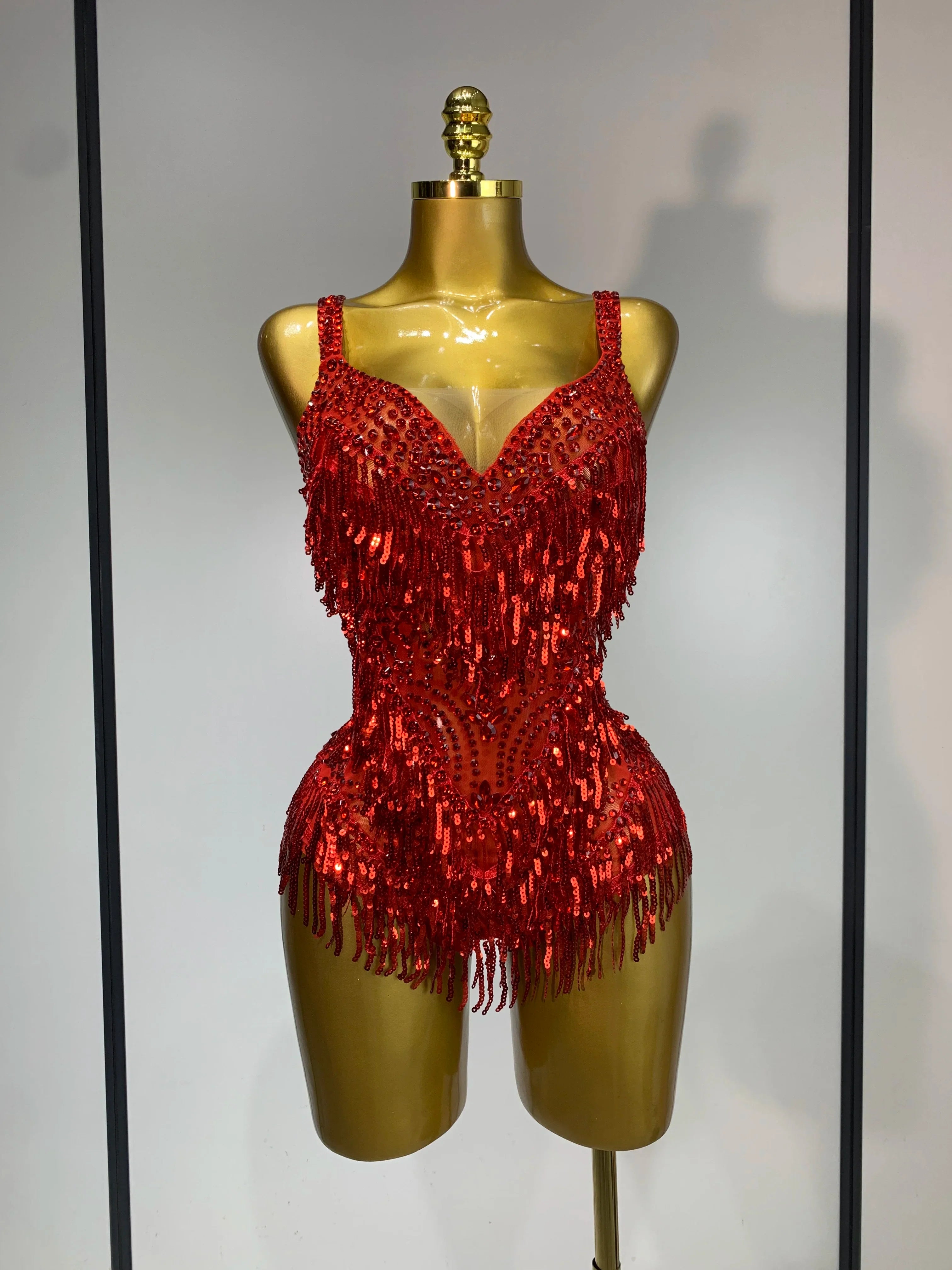 Anne Sparkly Rhinestones Sequins Tassel Sexy See-Through Bodysuit