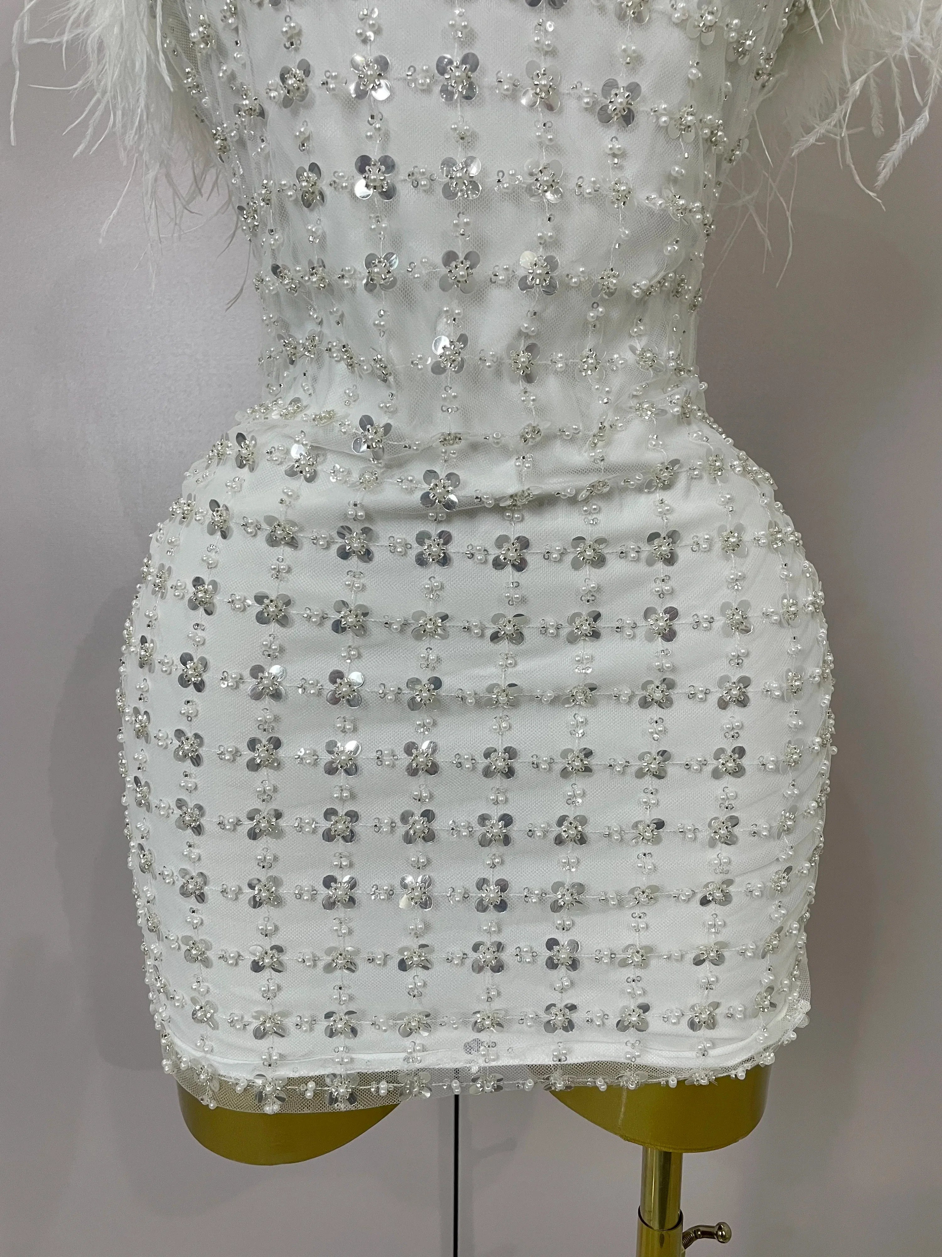 Carmina White Feather Sequin Strapless Bodycon Mini Dress