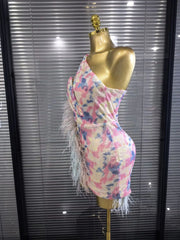 Arabella Sequin One-Shoulder Feather Bodycon Mini Dress
