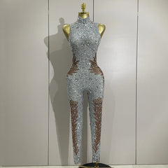 Amina Luxury Sleeveless Rhinestone Bodycon Jumpsuit