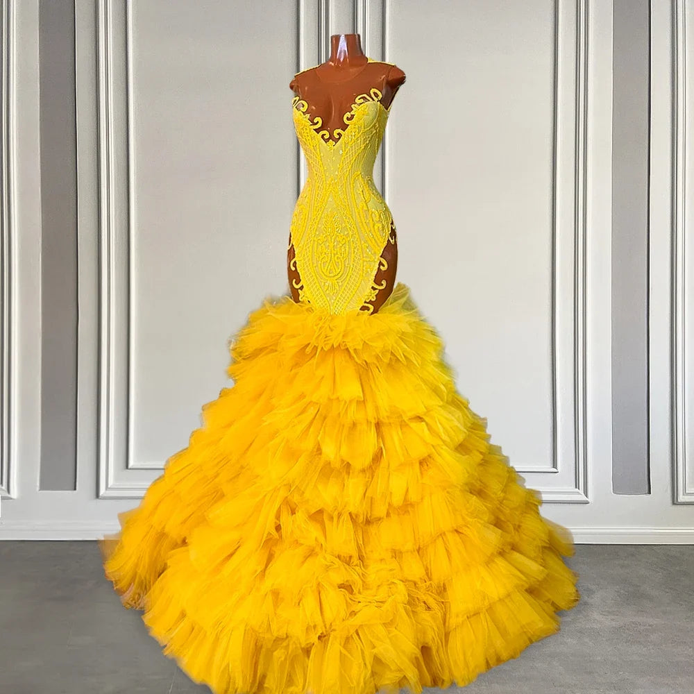 Charming Yellow Tiered Ruffle Mermaid Lace Prom Gown