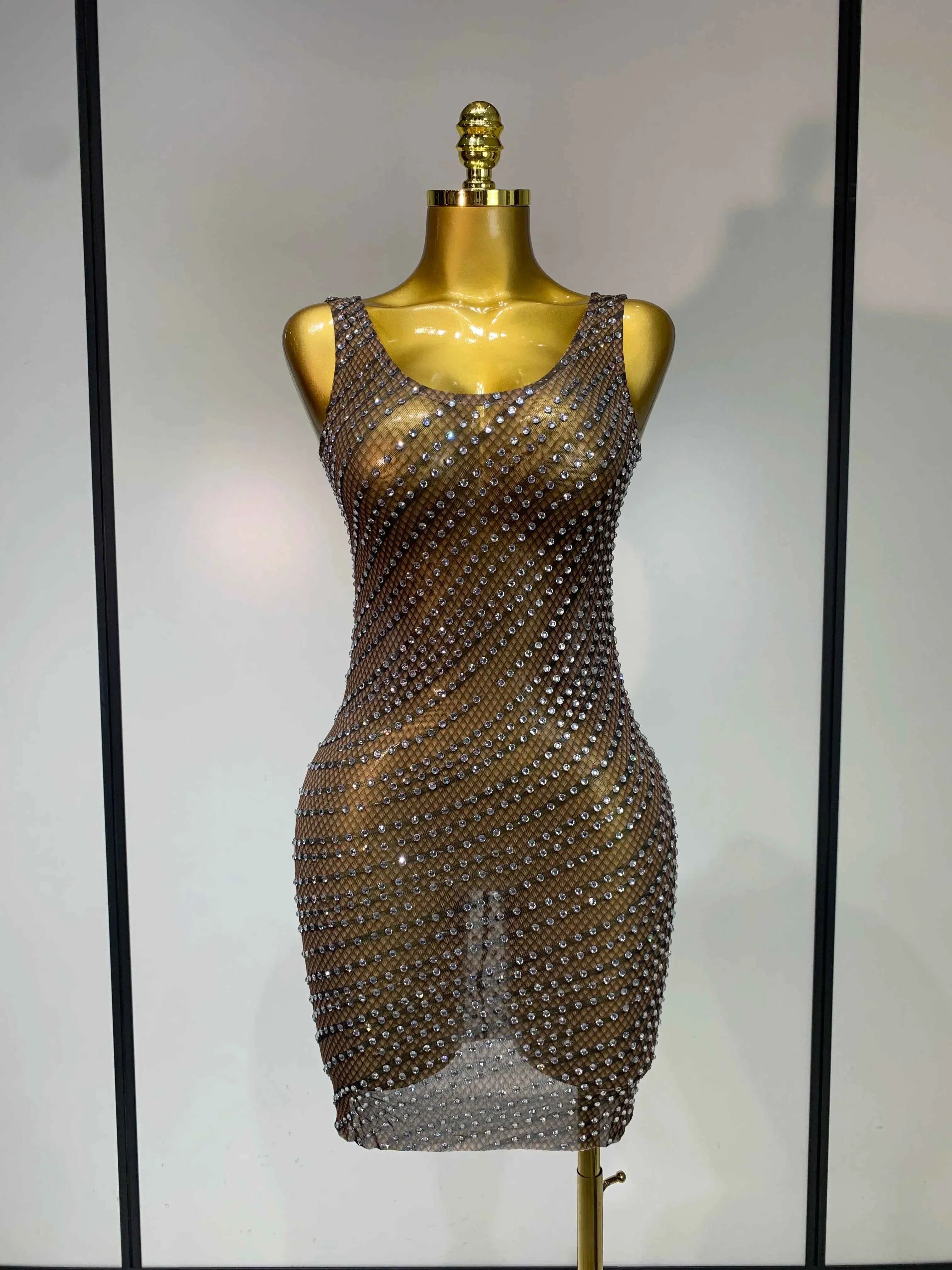 Daisy Sparkly Rhinestone Sheer Bodycon Mini Dress for Women