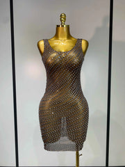 Daisy Sparkly Rhinestone Sheer Bodycon Mini Dress for Women