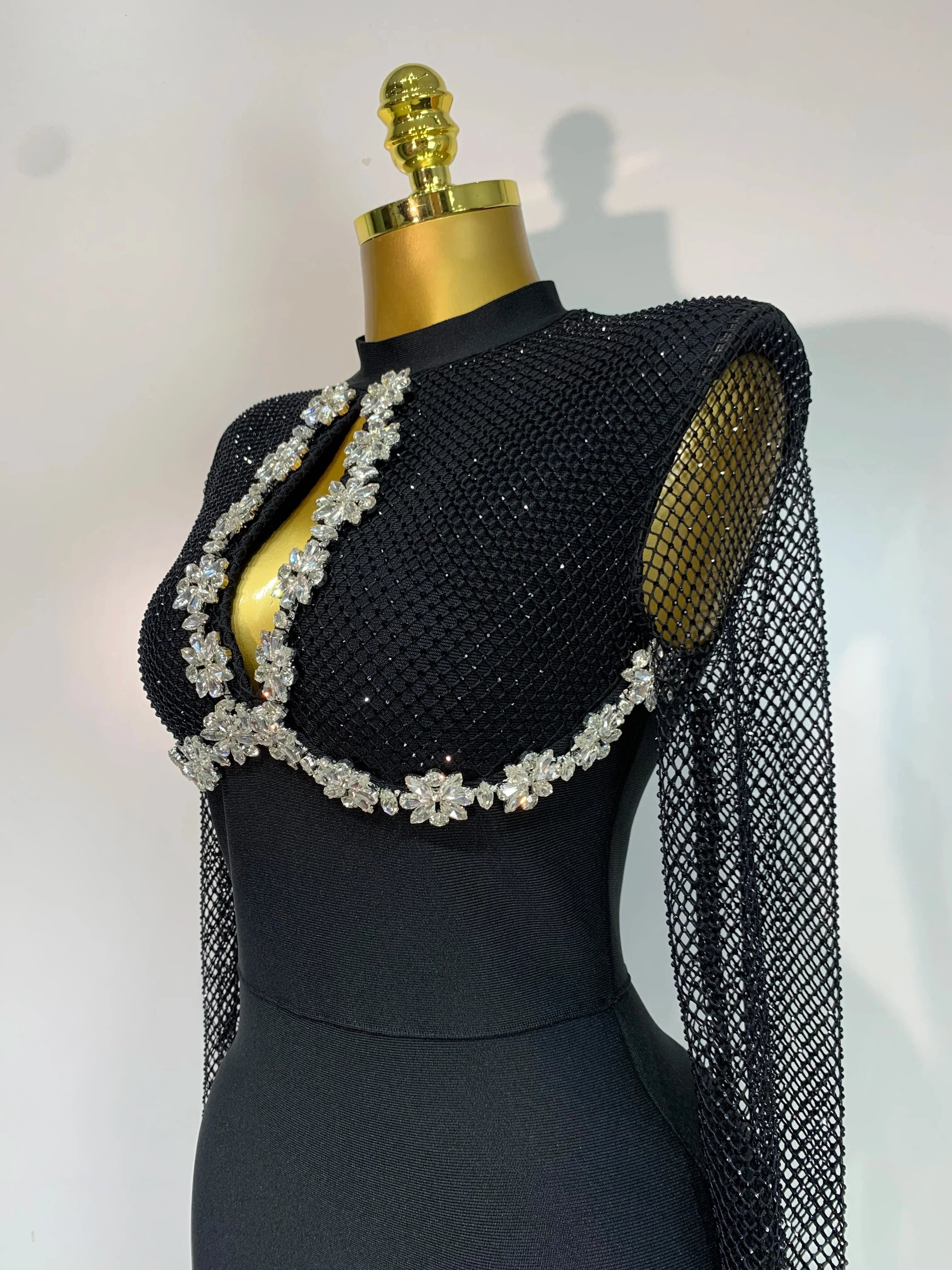 Caroline Black Long Sleeve Beaded Maxi Bandage Dress