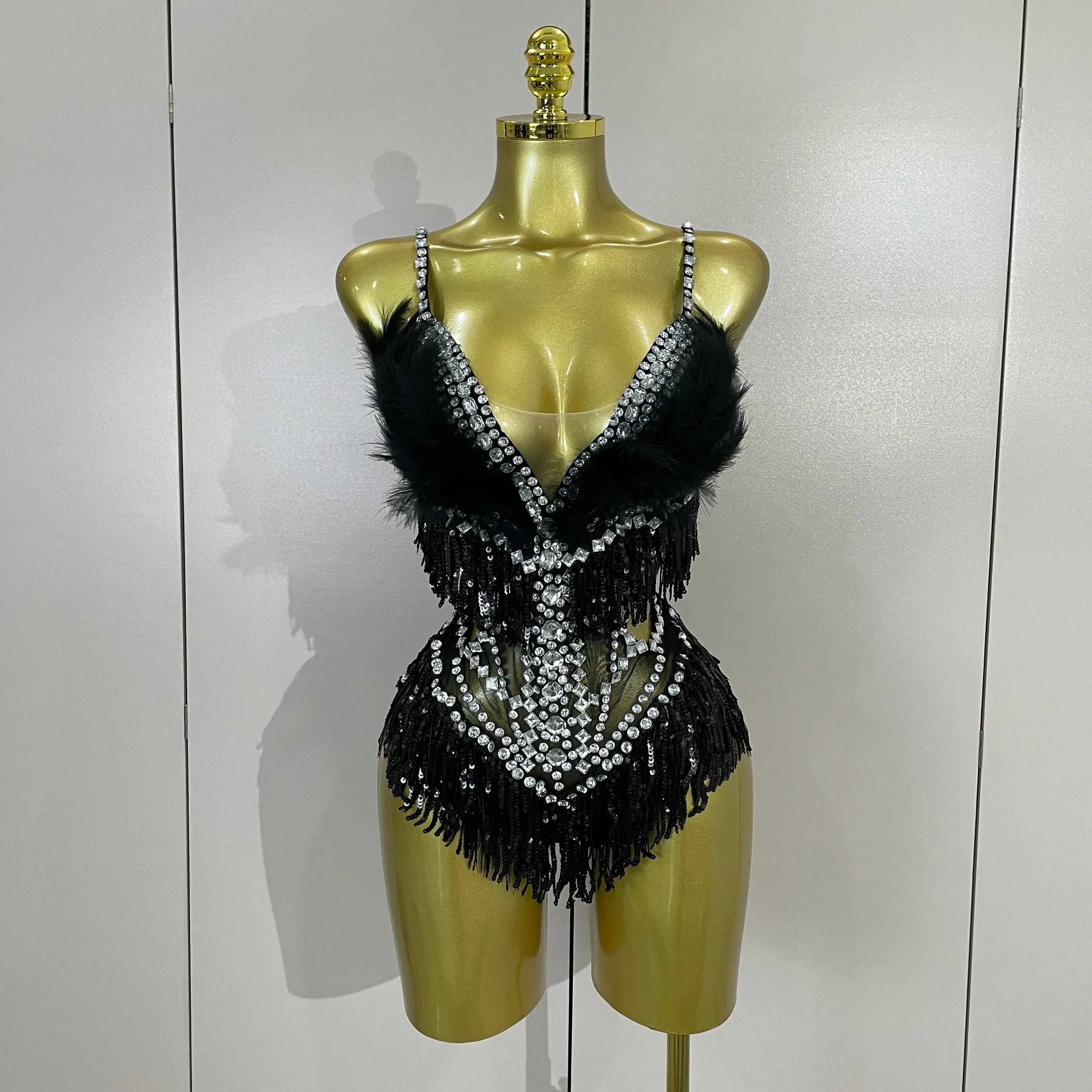 Claire Rhinestone Feather Tassel Mesh Bodysuit