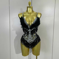 Claire Rhinestone Feather Tassel Mesh Bodysuit