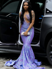 Crystals Beaded Lavender Fitted Sparkling Sequin Prom Dress