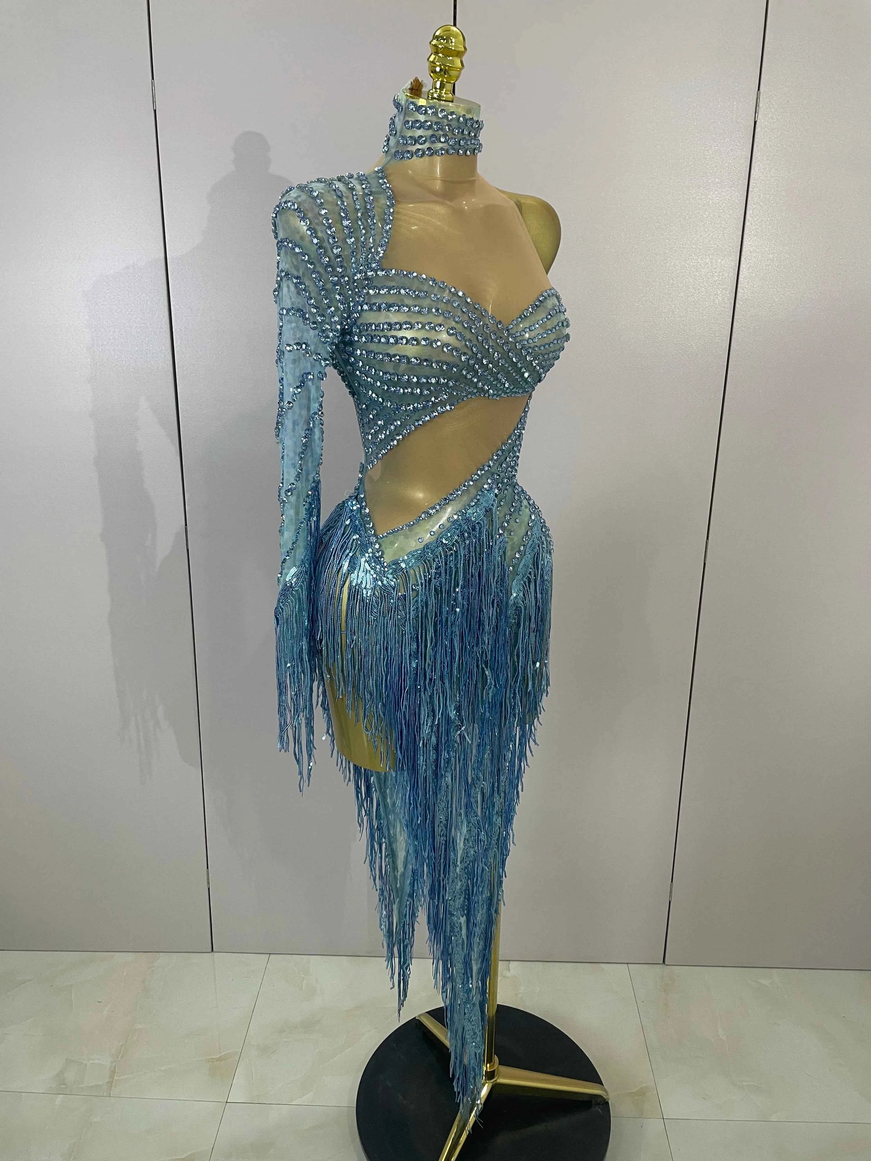 Ailanny  Sparkly Diamond Blue Rhinestone Mesh One Shoulder Tassel Dress
