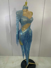 Ailanny  Sparkly Diamond Blue Rhinestone Mesh One Shoulder Tassel Dress