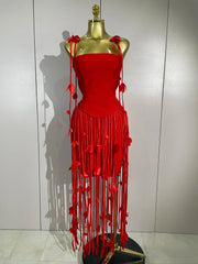 Carmie Elegant Red Strapless Sexy Long Tassel Bandage Dress