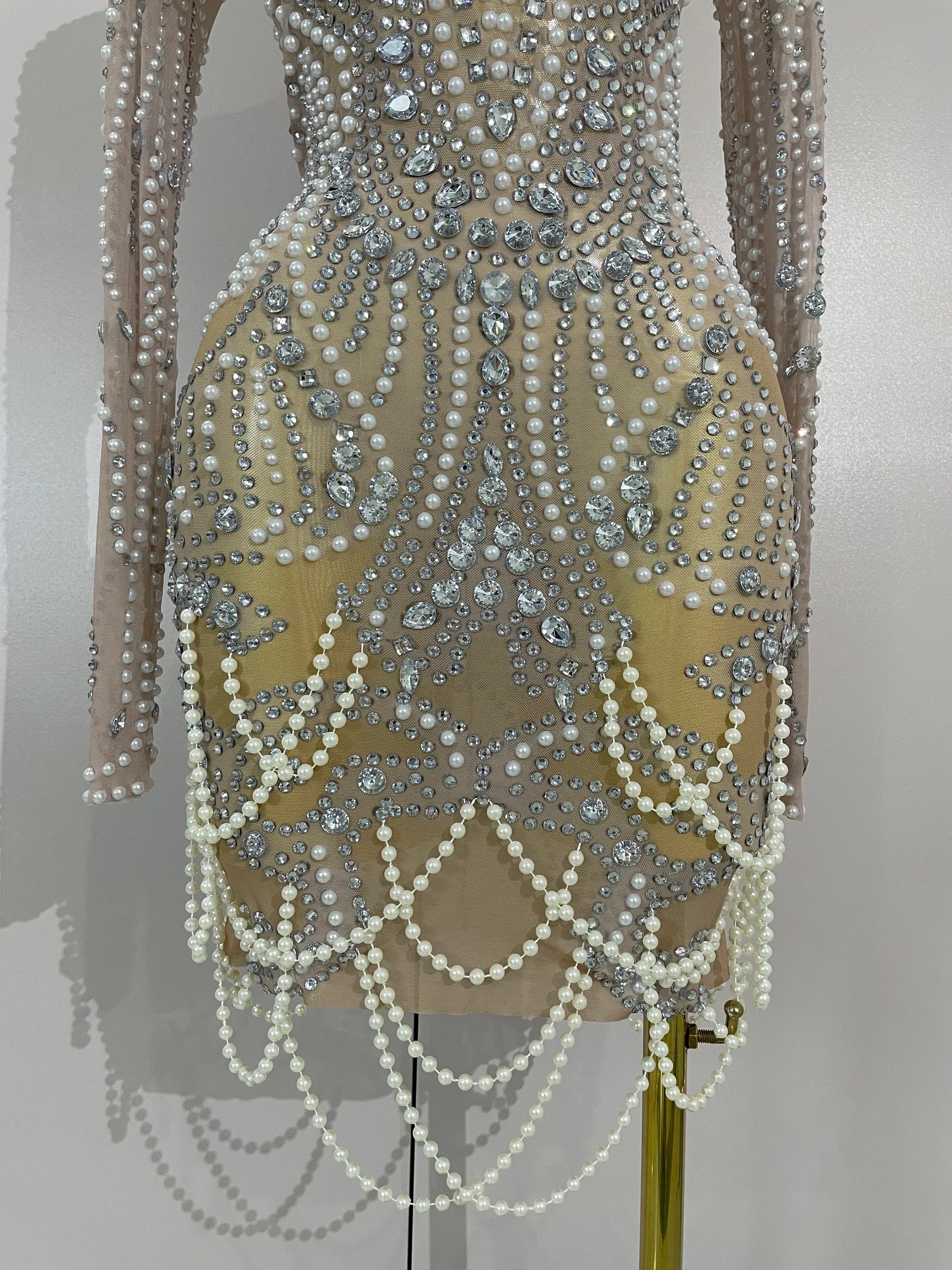 Brenda Short Mesh Dress With Pearls and Sparkling Diamonds - Ready to Ship
