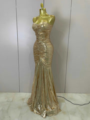Alana Gold Strapless Ruched Backless Maxi Gown