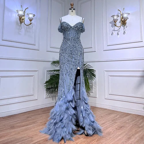 Black Luxury Beaded Feathers Mermaid Evening Dress Off Shoulder Sexy Slit