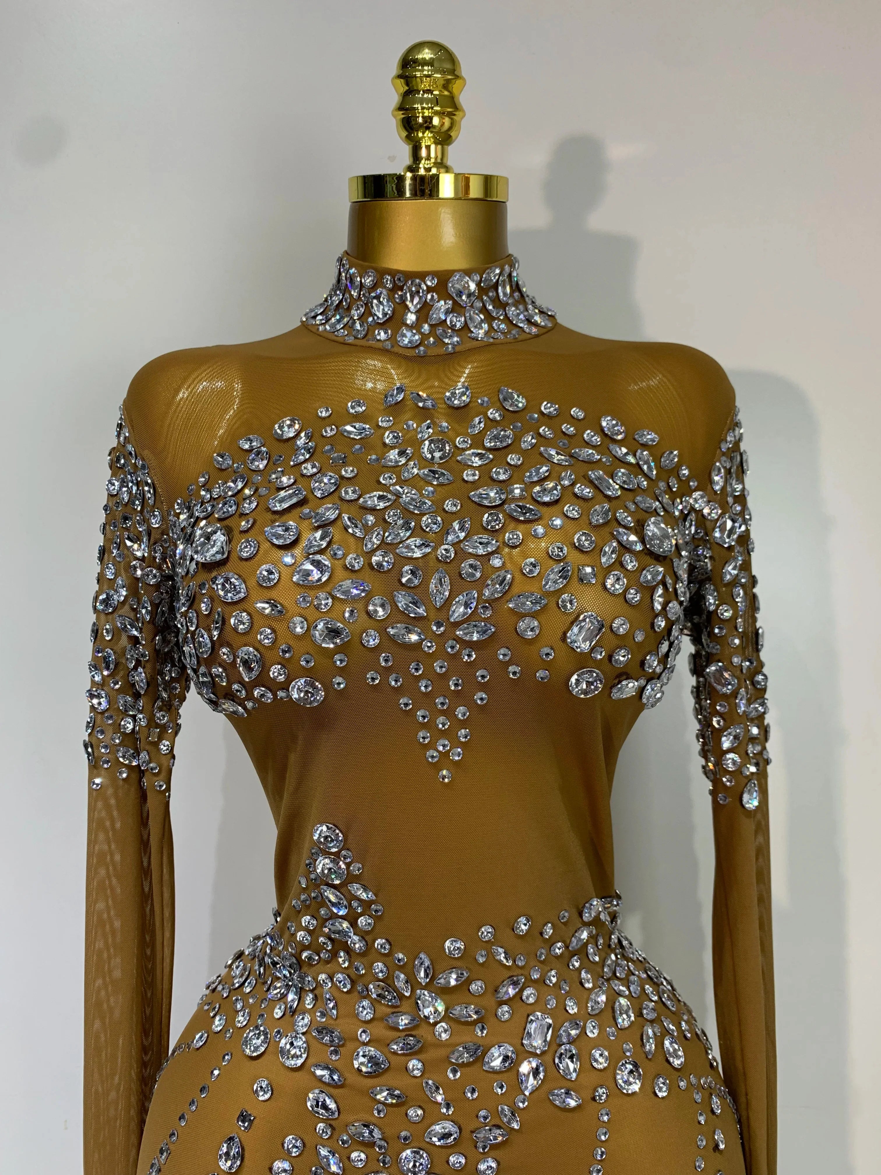 Colette Sparkly Brown Rhinestone Mesh Long Dress