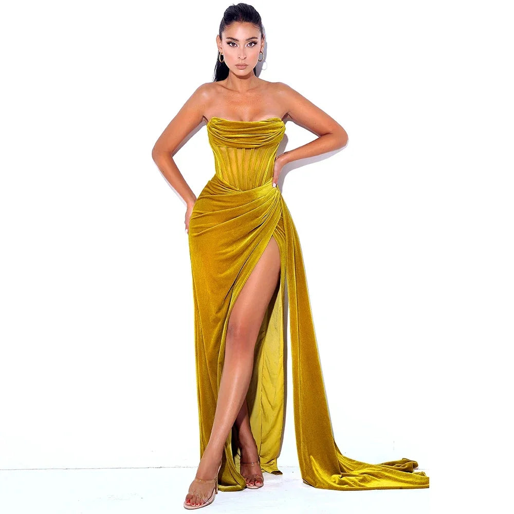 Classic Retro Velour Pleat A-line Strapless Long Formal Dress