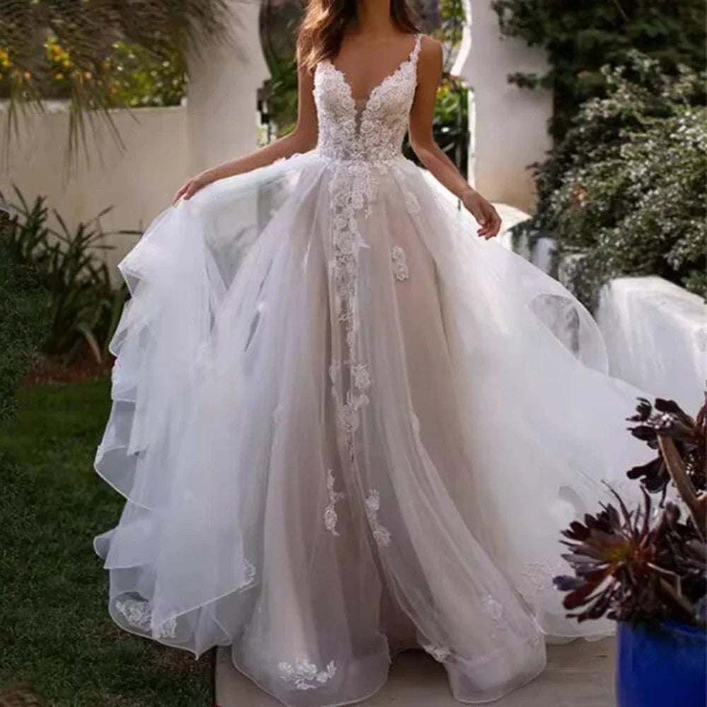 Boho A-Line Wedding Dress For Bride 3D Flowers Spaghetti Straps