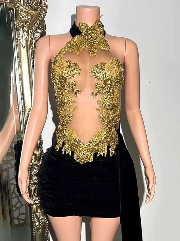 Black Velvet Sexy Mesh See Through Gold Diamond Birthday Dress