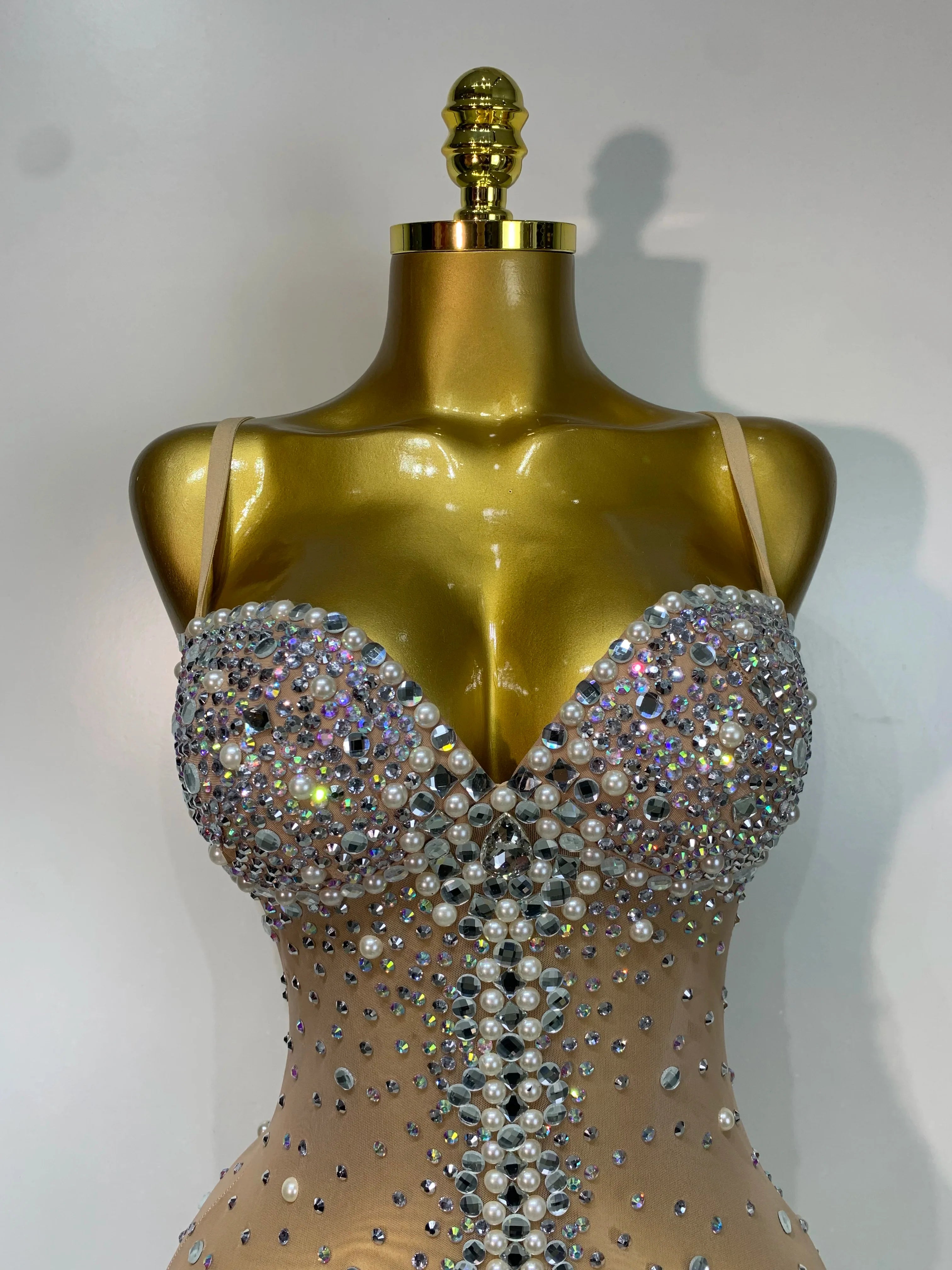 Candice Rhinestone Pearl Mesh Bodycon Bodysuit