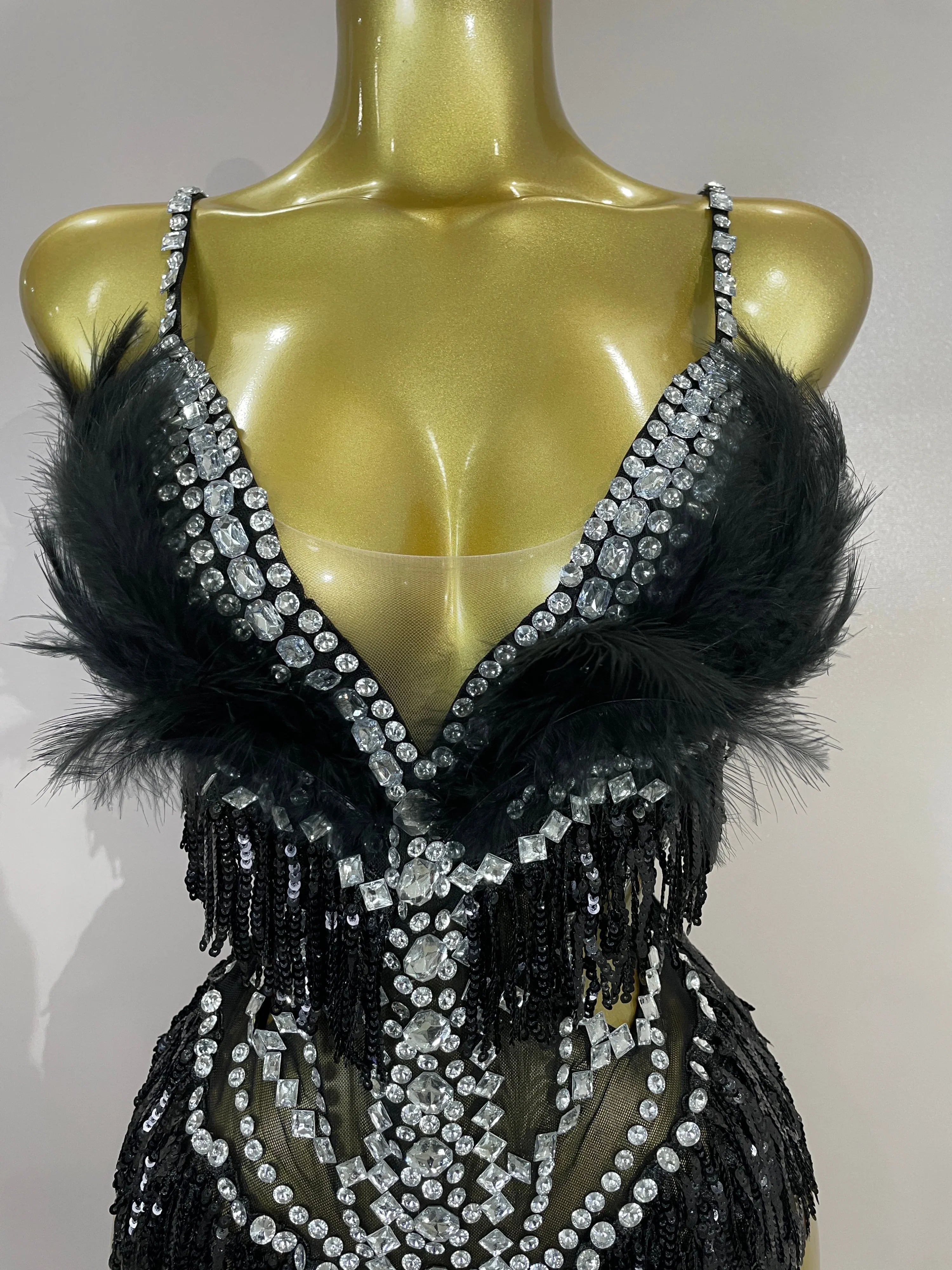 Claire Rhinestone Feather Tassel Mesh Bodysuit