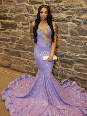 Crystals Beaded Lavender Fitted Sparkling Sequin Prom Dress
