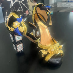 Black Velvet Pearl Special-Shaped Peep Toe Sandals Flower Bow Buckles High Heels
