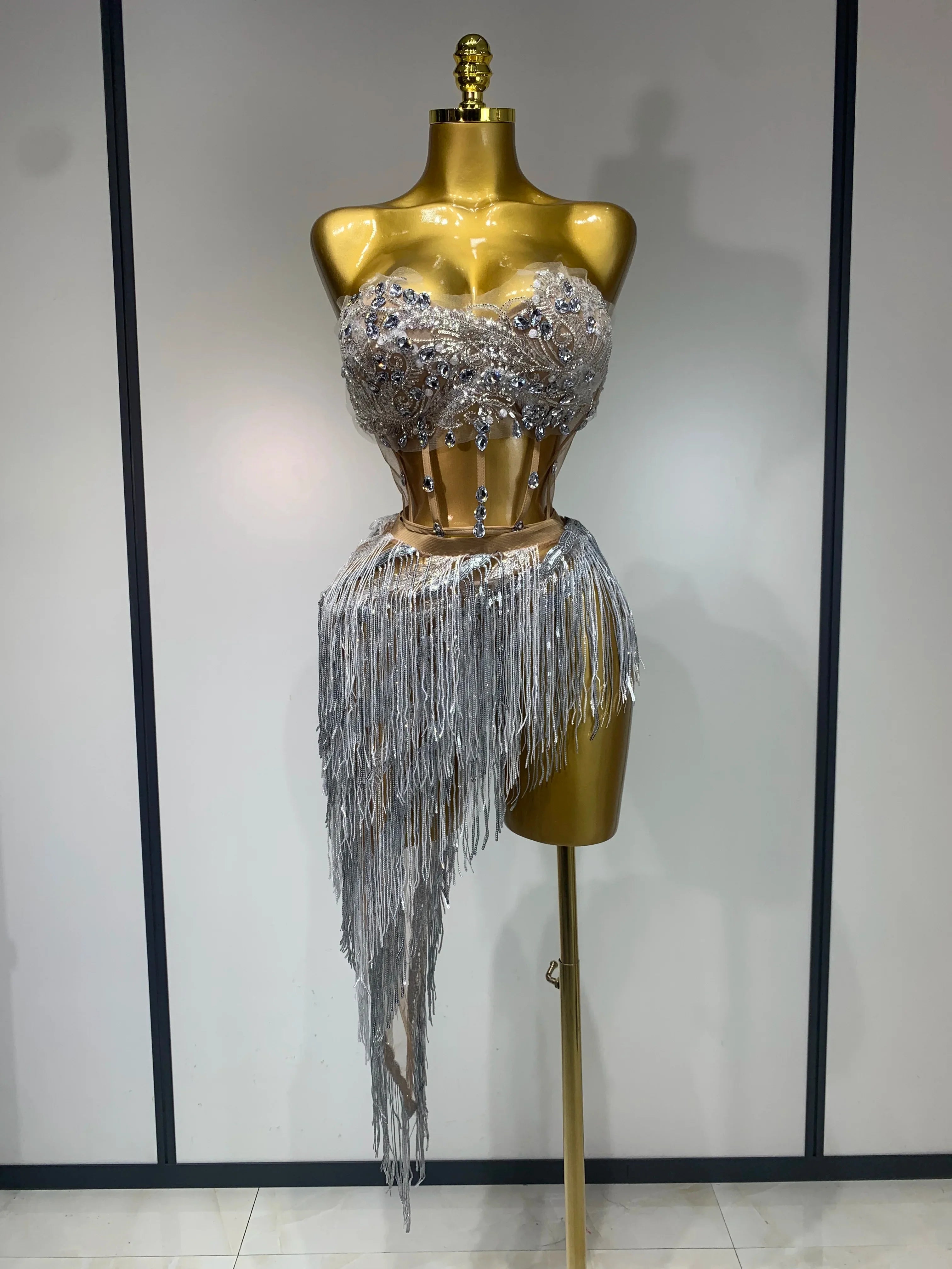 Azelie Sexy Sparkly Diamond Tassel Two Piece Set Evening Outfit