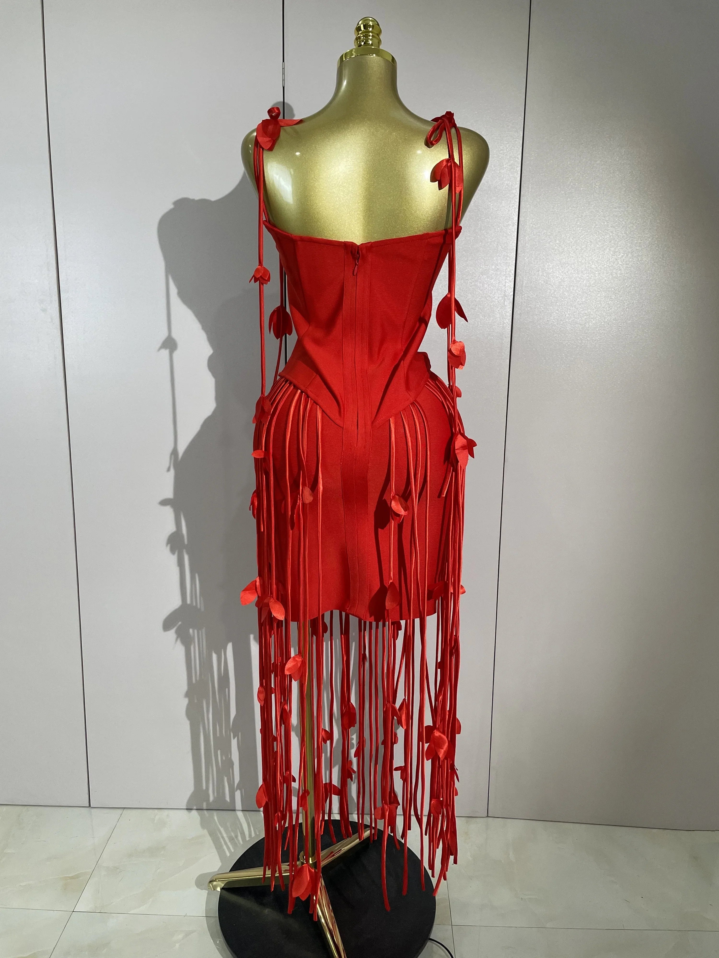 Carmie Elegant Red Strapless Sexy Long Tassel Bandage Dress