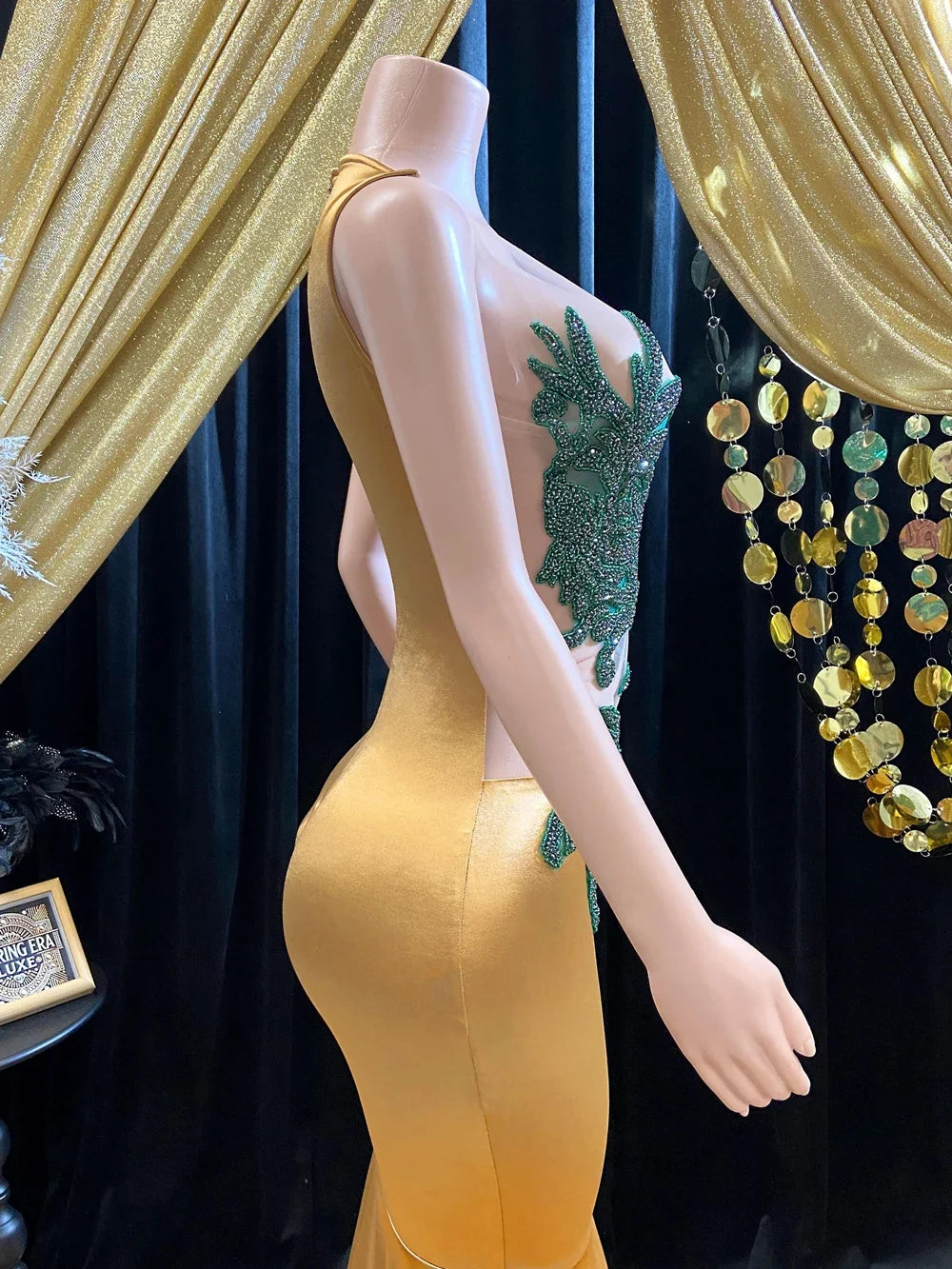 Charming Gold Satin with Green Beaded Appliques Prom Dress