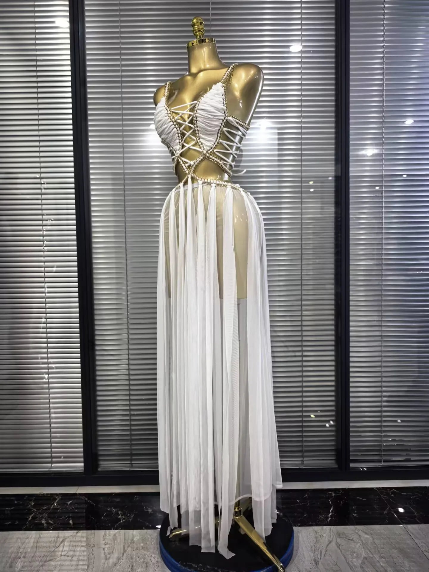 Chantelle Golden Sequin Mesh See-Through Maxi Dress