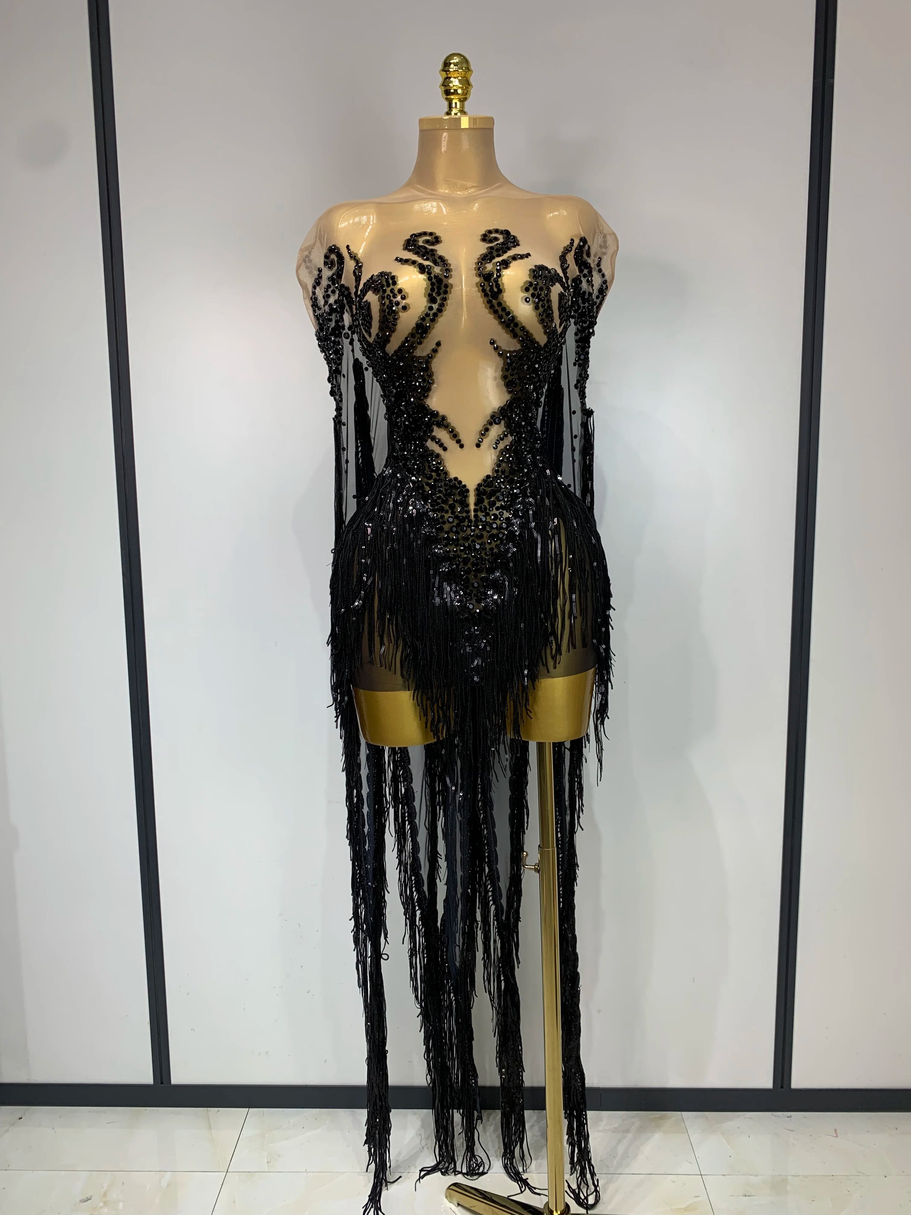 Carlene Blue Rhinestone Tassel See-Through Mesh Birthday Dress
