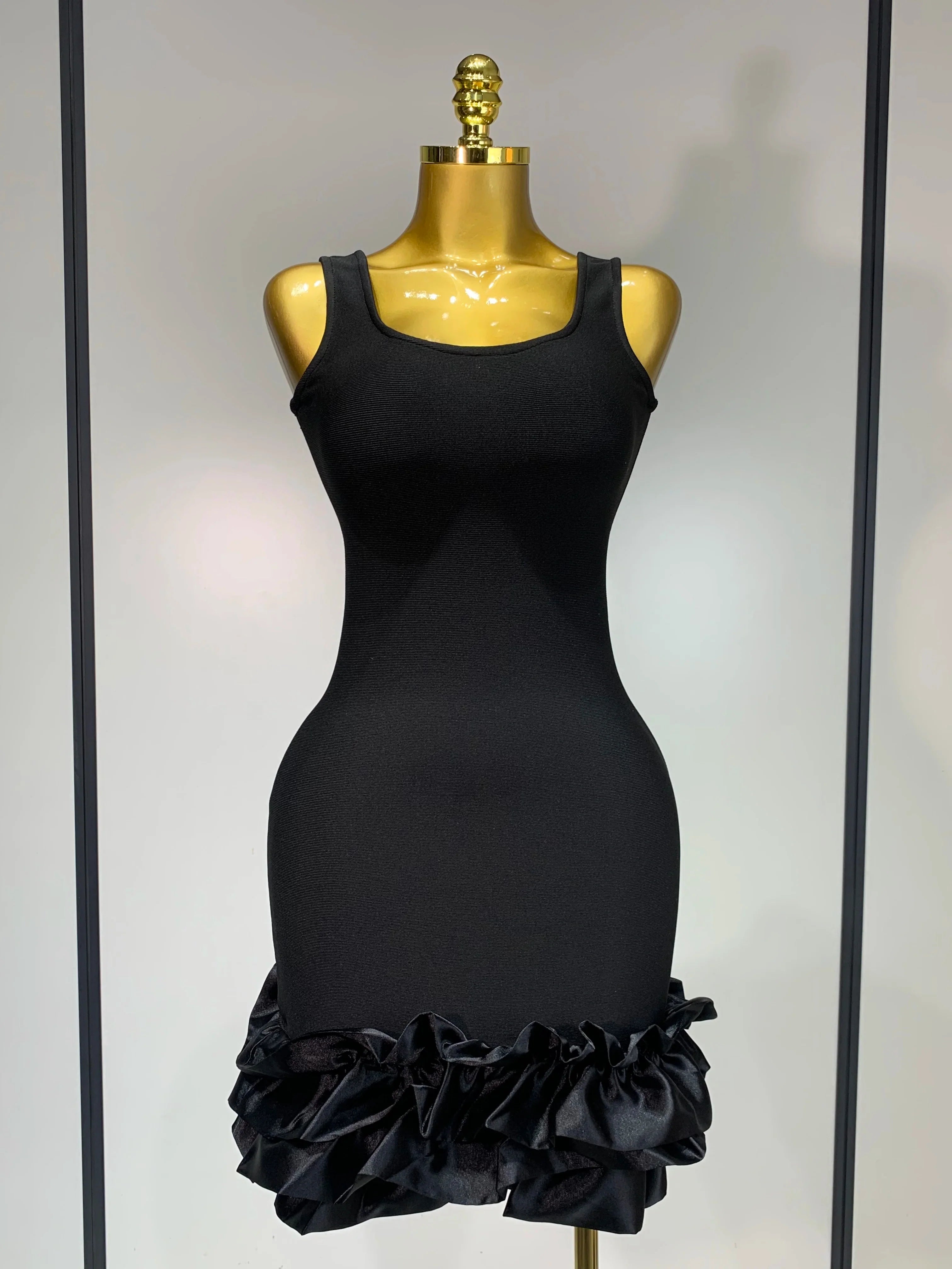 Dannie Spaghetti Strap Bodycon Black Ruffle Sleeveless Dress