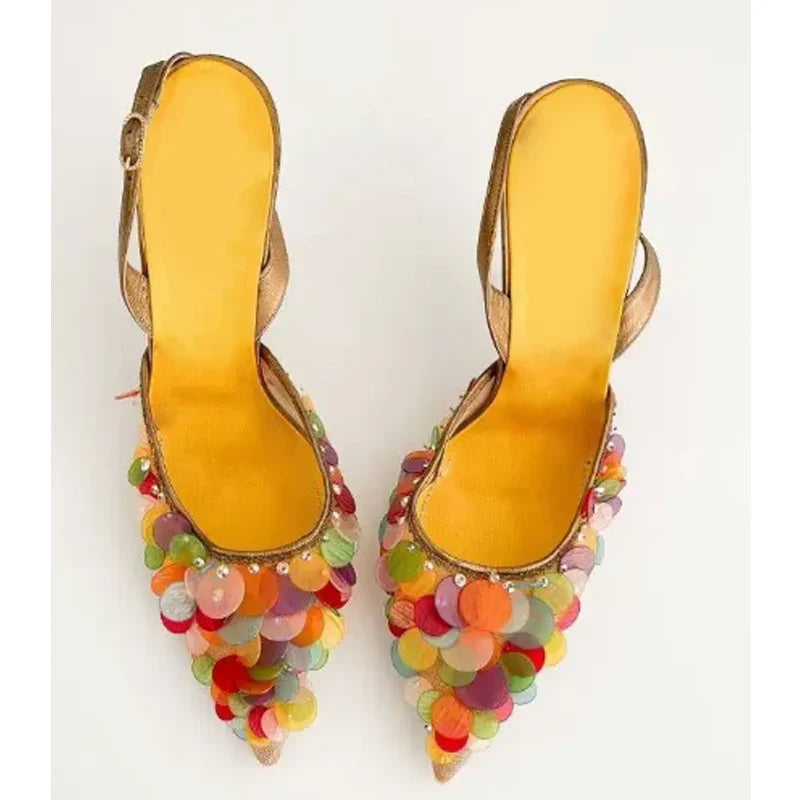 Colorful Sequined Pointed Toe Slingback Buckles Stiletto Sandals