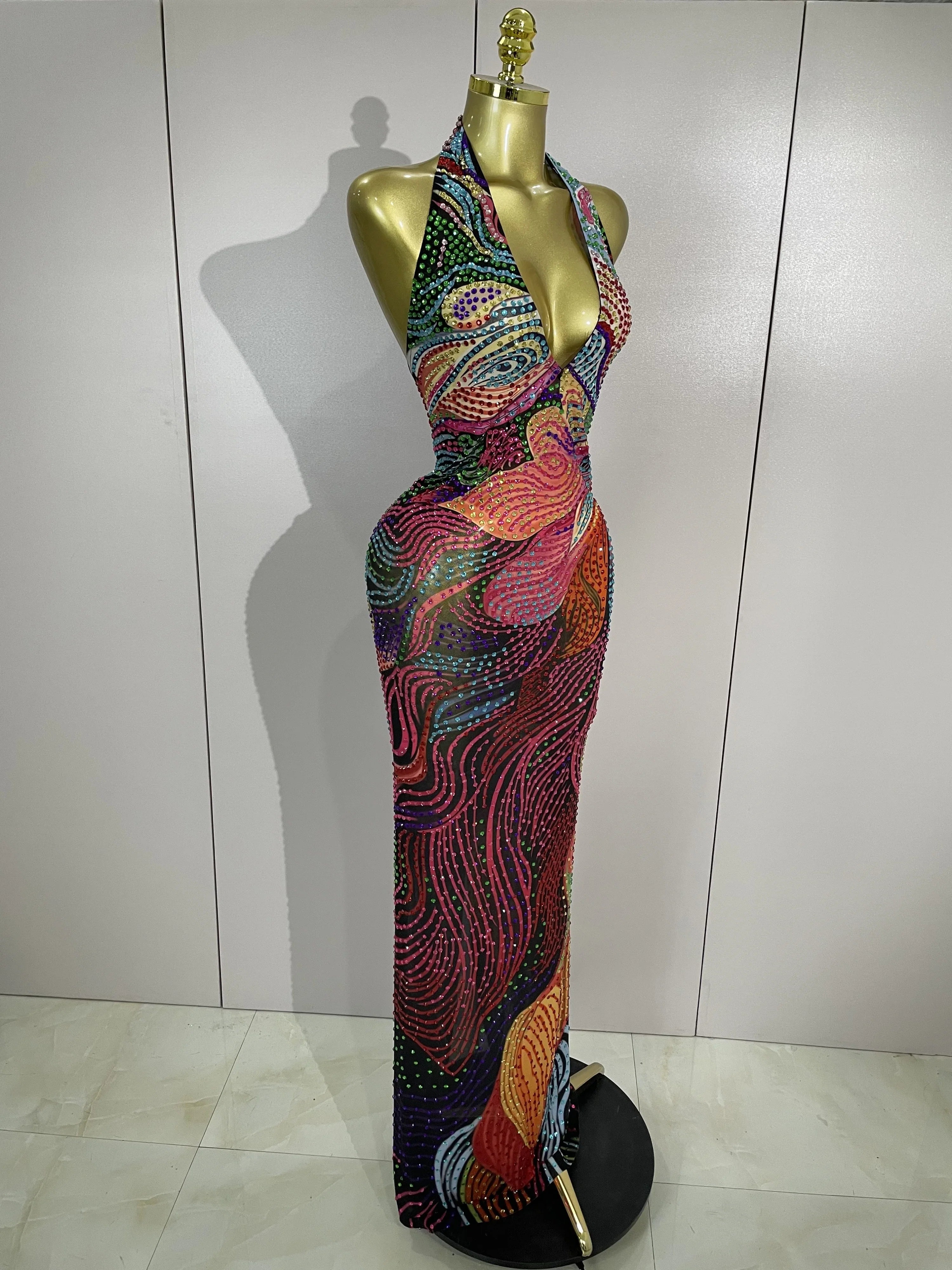 Aviana Colorful Halter Rhinestone Print Long Dress
