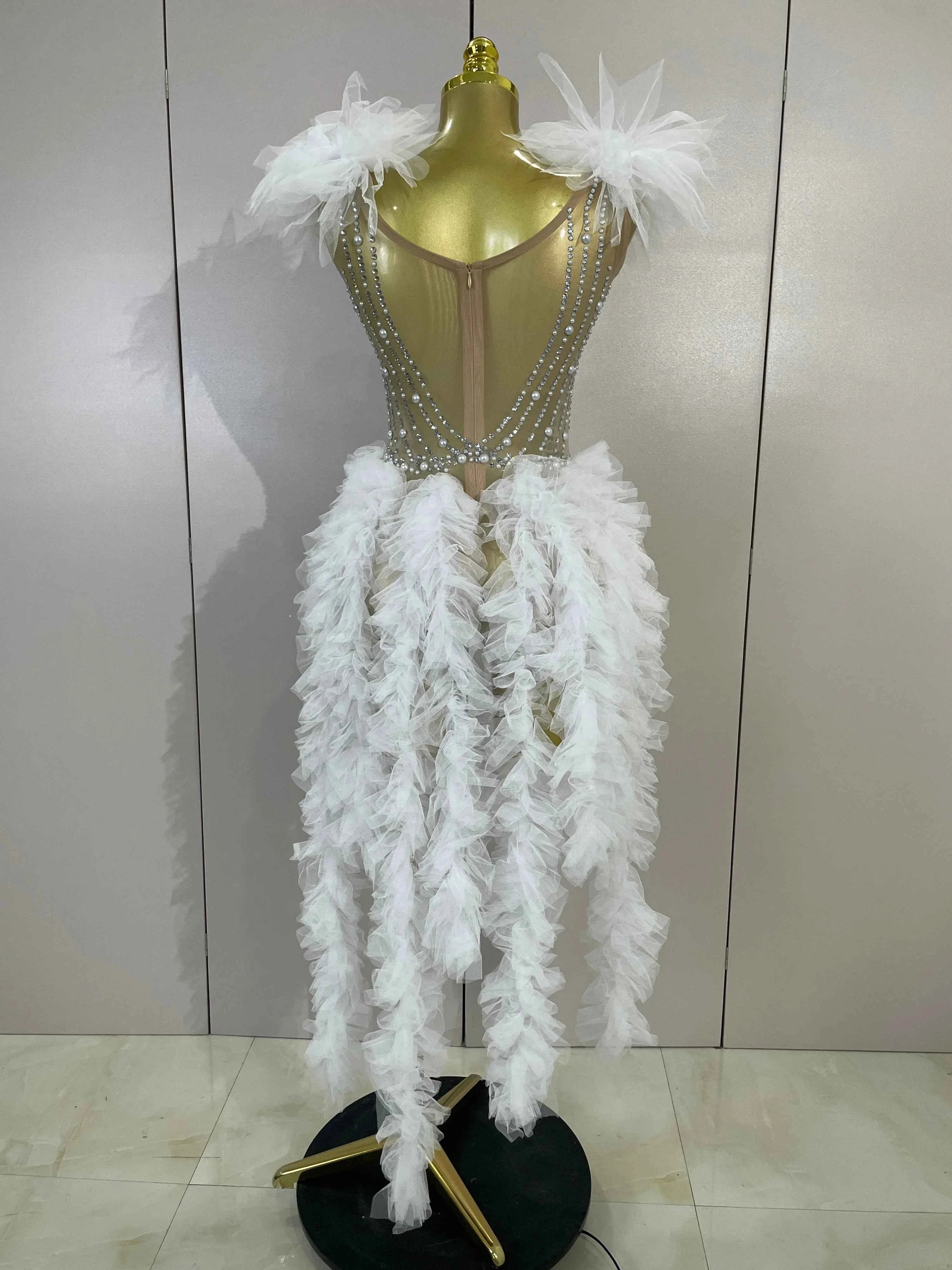 Chelle Sparkly Rhinestone Pearl Fringe Tassel Bodycon Bodysuit