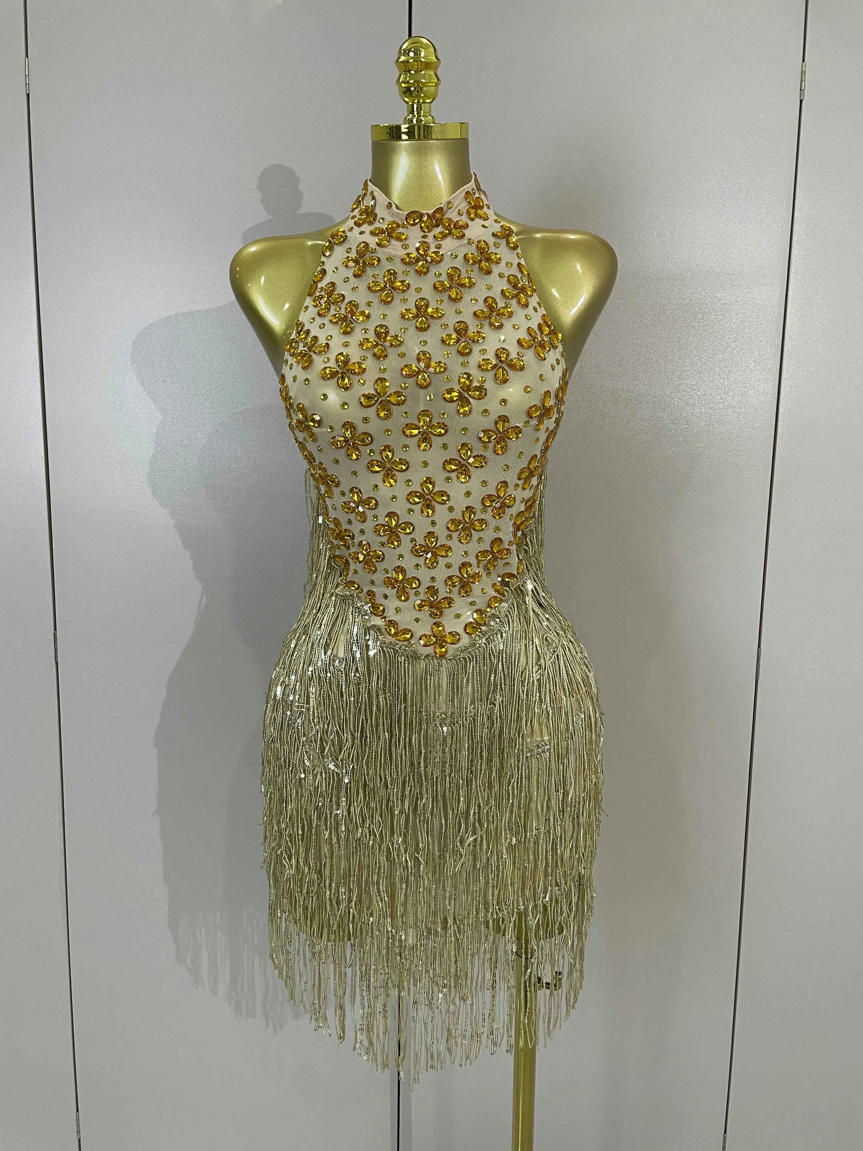 Aaliyah Gold Diamond Mesh Tassel Bodycon Mini Dress