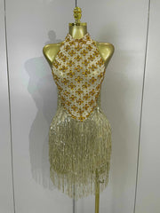 Aaliyah Gold Diamond Mesh Tassel Bodycon Mini Dress